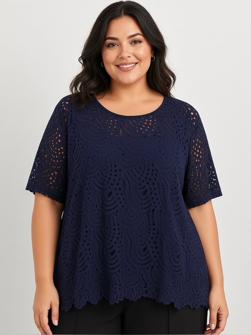 Chicwe Womens 3X Navy Blue Lace Blouse Scalloped Hem Short Sleeve Lined Plus Siz